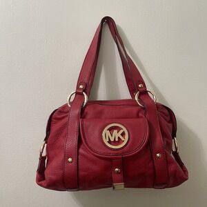Michael Kors Red Pebbled Leather Shoulder Bag Gold Hardware Large‎ Satchel Purse